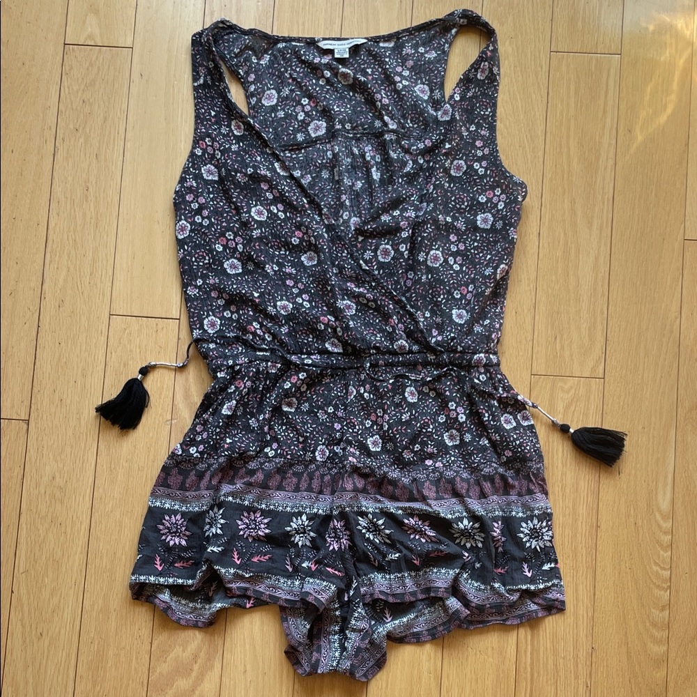 American Eagle Outfitters Floral Sleeveless Romper with Tassel Ties